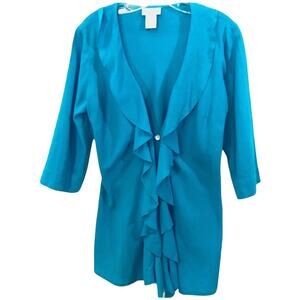 Soft Surroundings Aqua Blue V‎ Neck  Front Ruffle 100% Cotton Cardigan Small